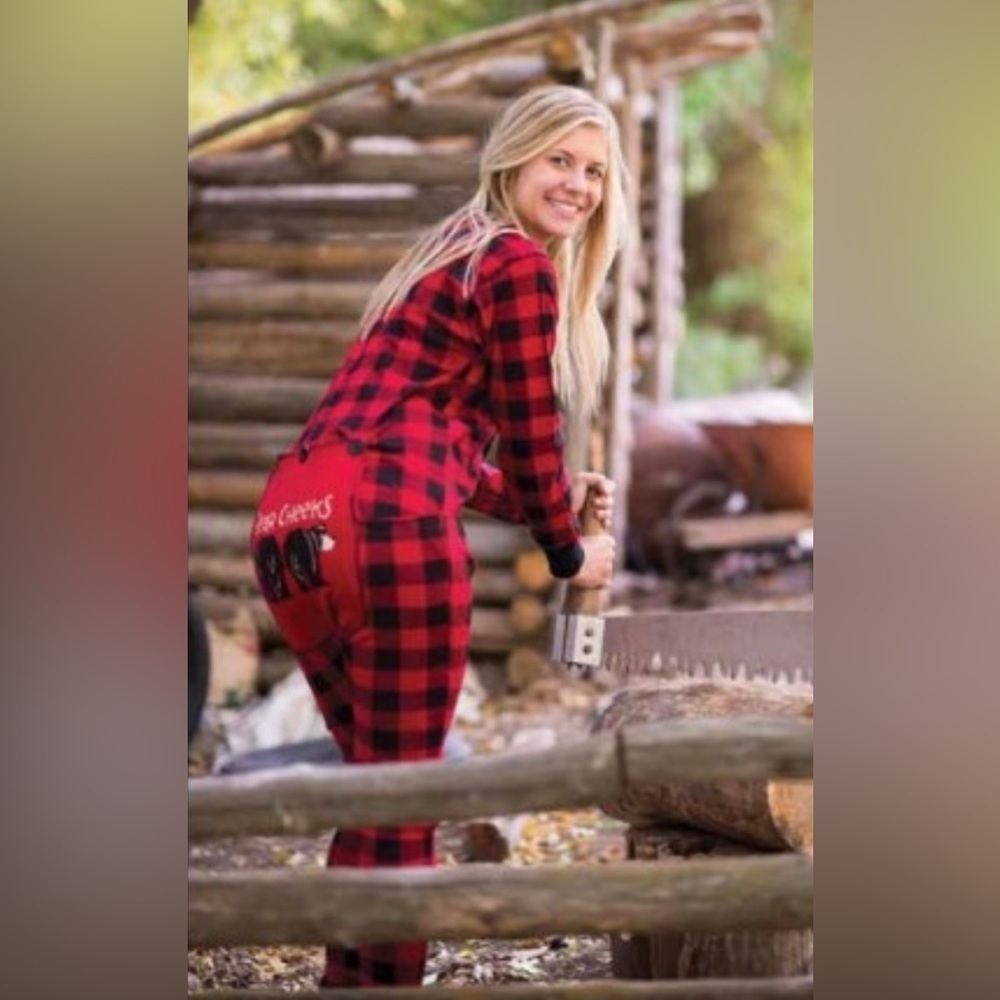 Lazy One Onesie Bear cheeks Buffalo plaid onesie with bum flap XL